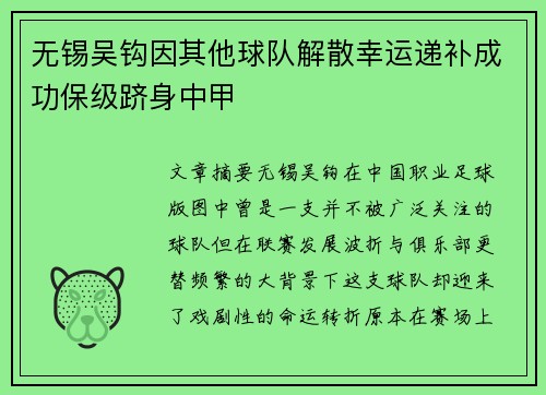 无锡吴钩因其他球队解散幸运递补成功保级跻身中甲